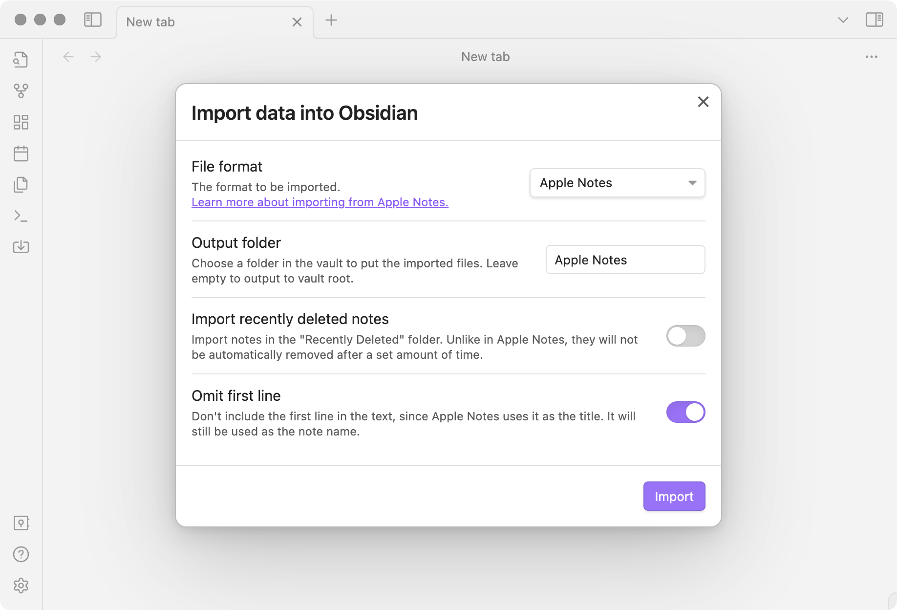 Obsidian Importer showing Apple Notes import